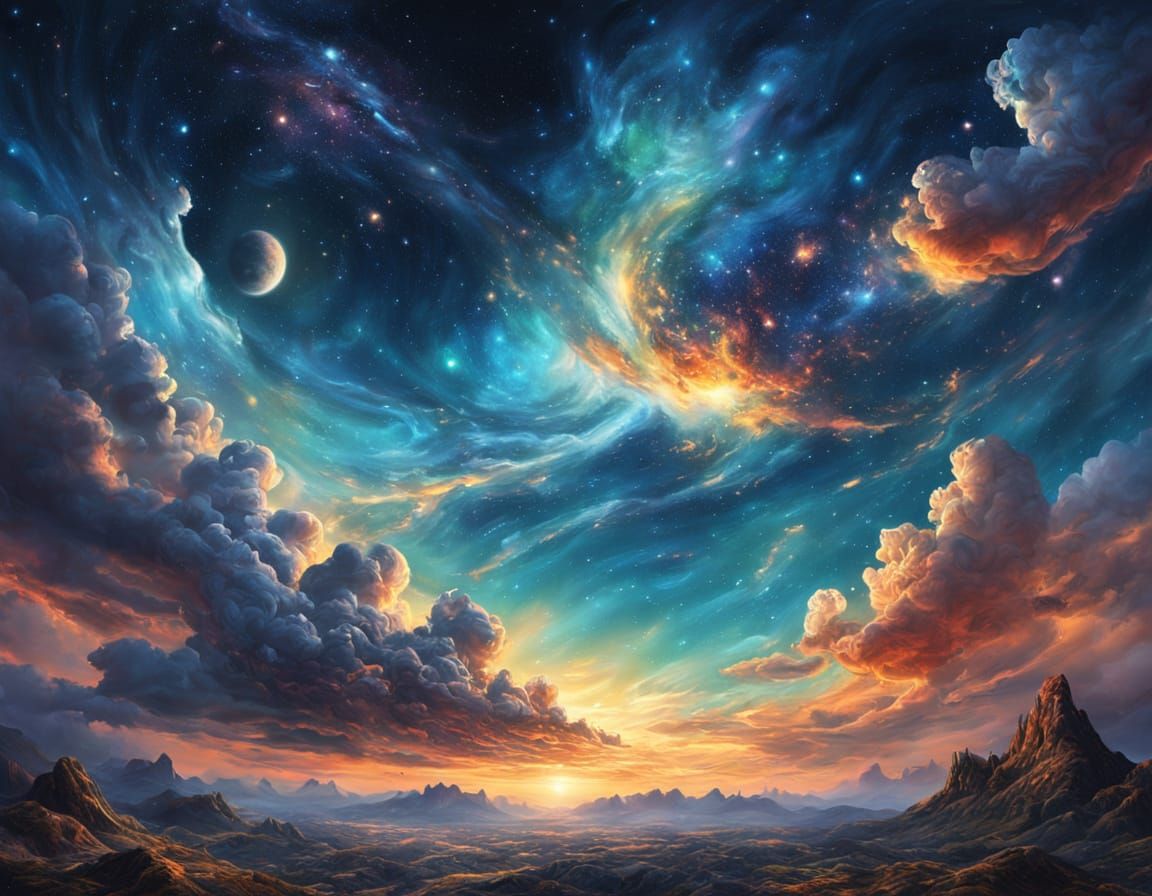 Vibrant Cosmic Sky in Surreal Oil Painting