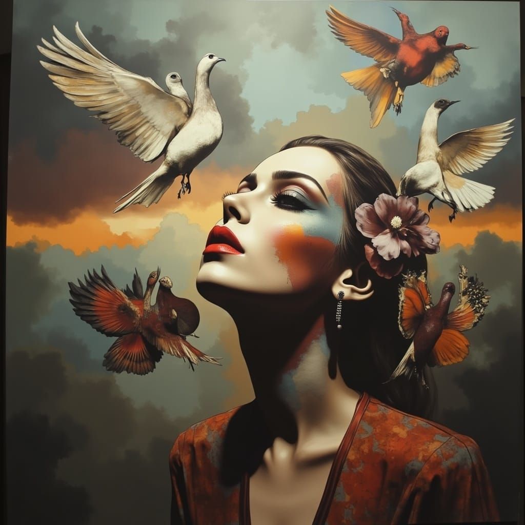 Woman Surrounded by Doves in Surrealist Style