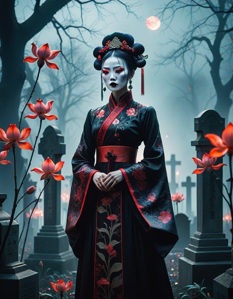 Jiangshi in Graveyard: A Dark Fantasy Illustration