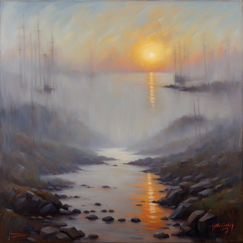 Ethereal Landscape in Hegemonic Fog, Oil Painting