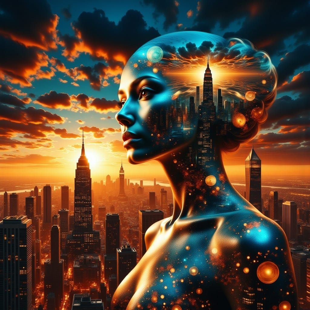 A surreal, timeless cityscape, endless surreal light in a dreamlike world of experience.
