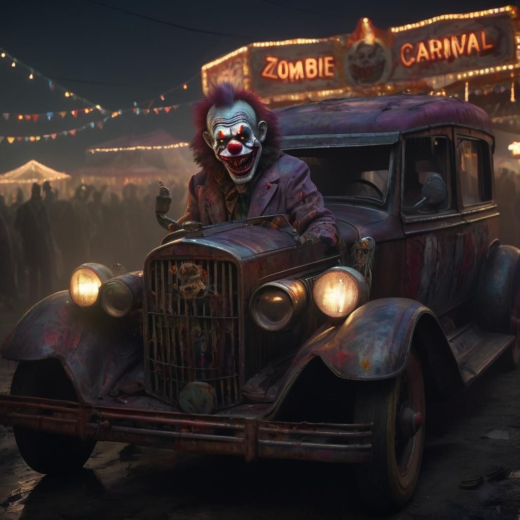Zombie Monkey Clown Drives Hearse: Horror Concept Art