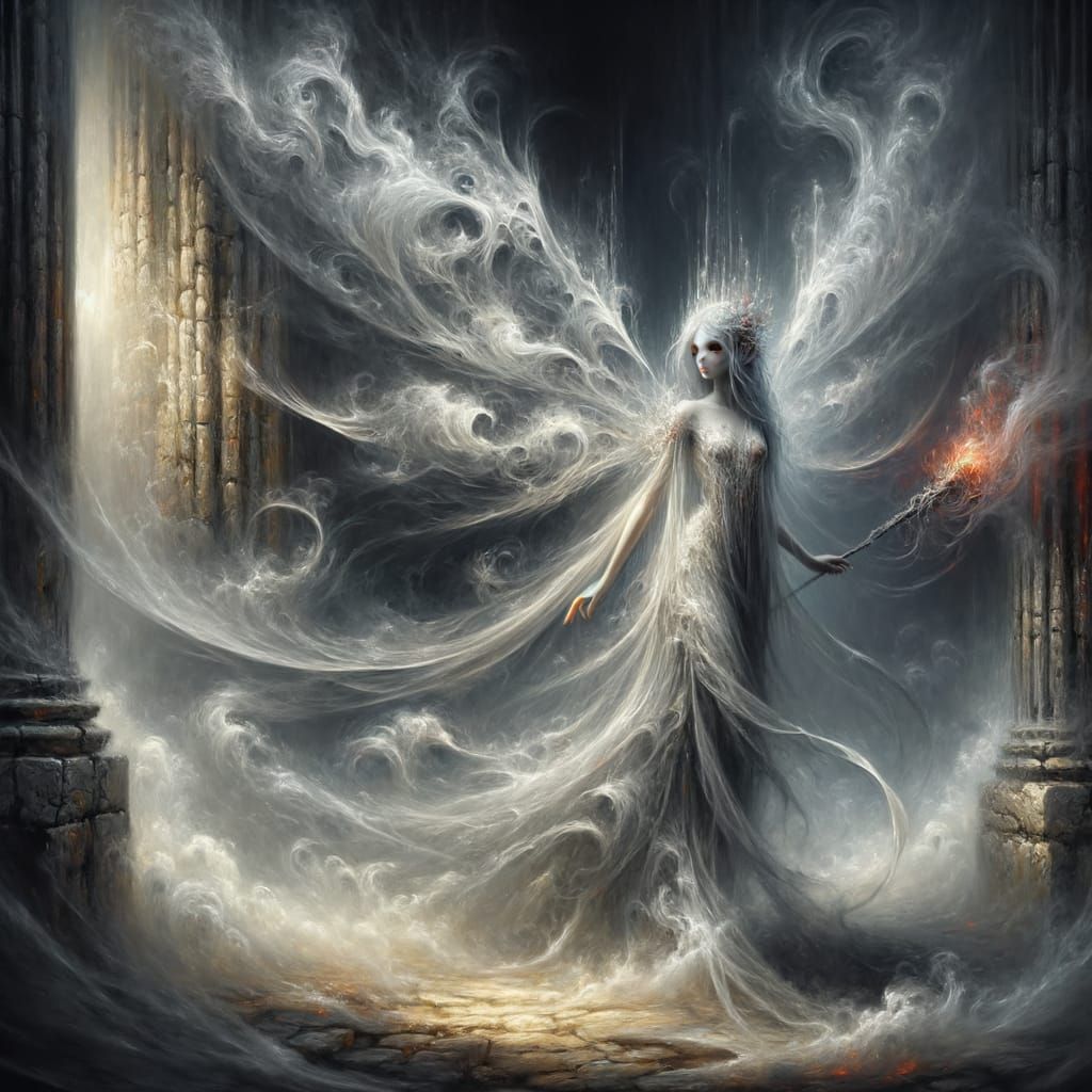 Ethereal Smoke Faerie in Gothic Ruins, Oil Painting Style