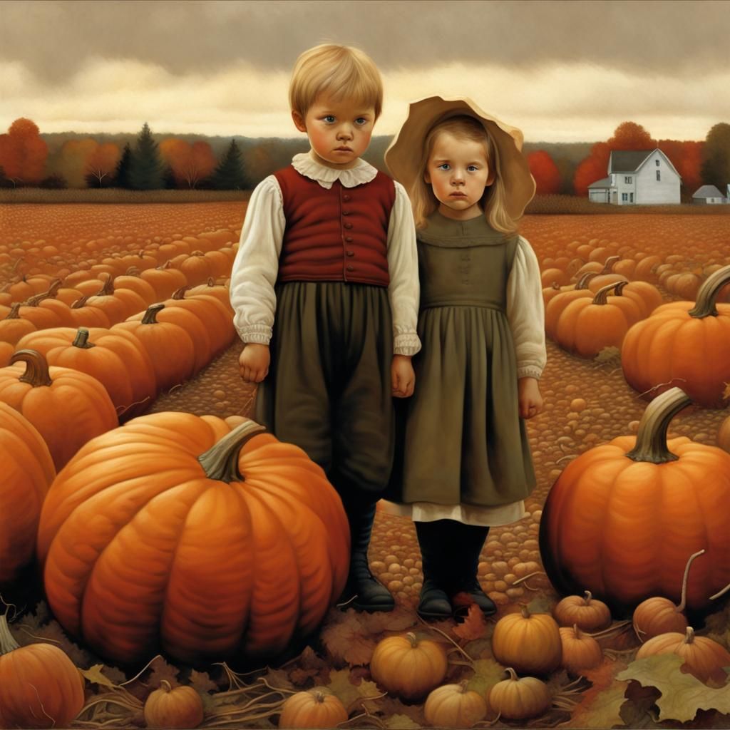 Children in Pumpkin Patch, Detailed Matte Painting