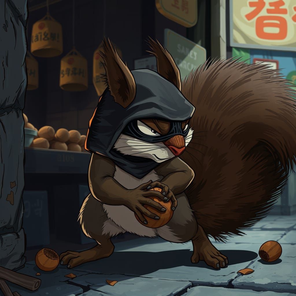 Anime Burglar Squirrel Stealing Nuts in the Dark