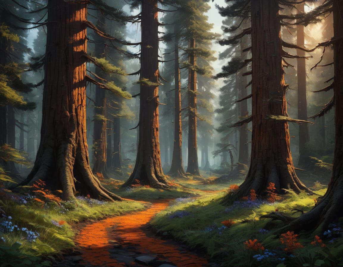 Whimsical Pine Forest in Vibrant Oil Painting Style