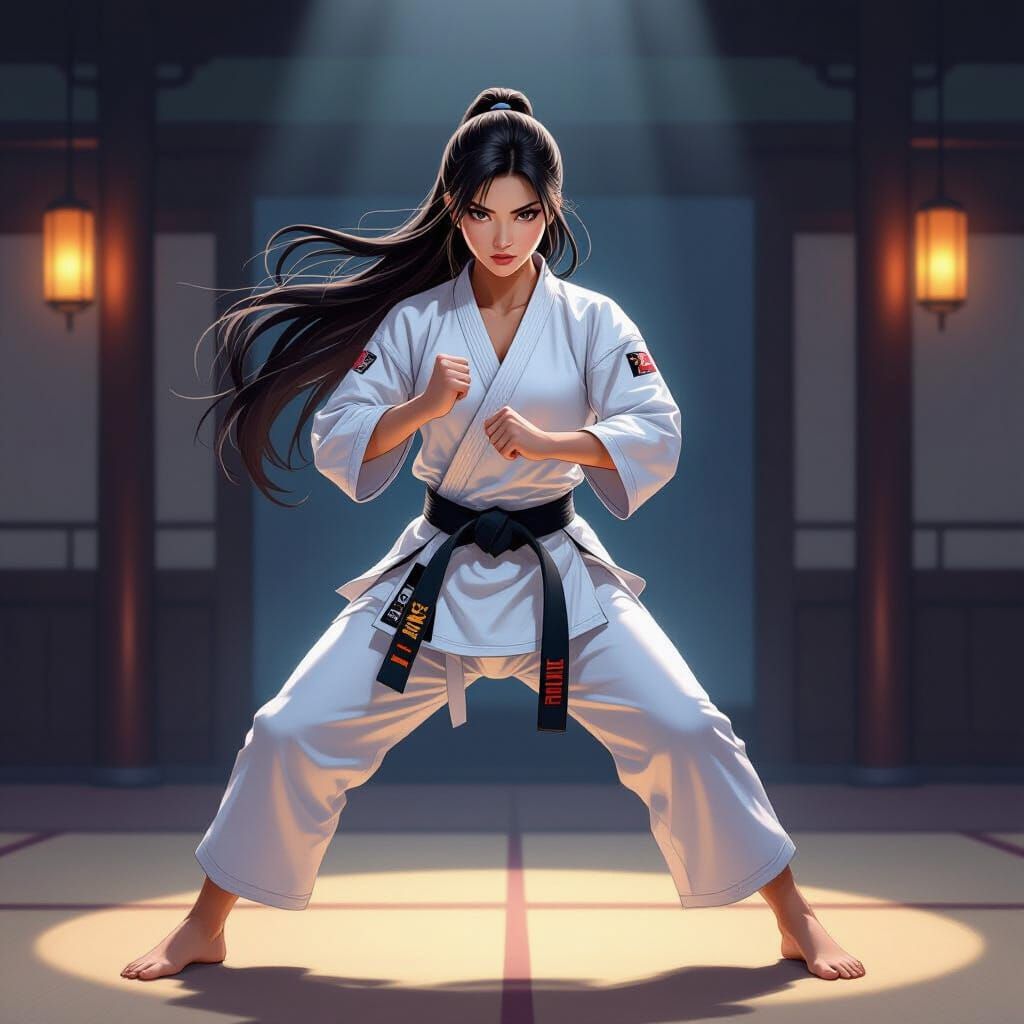 Asian Martial Artist Ready for Battle in Dojo