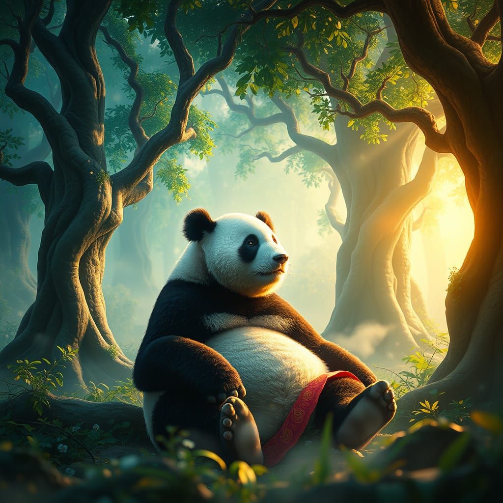 Majestic Panda in Lush Fantasy Landscape