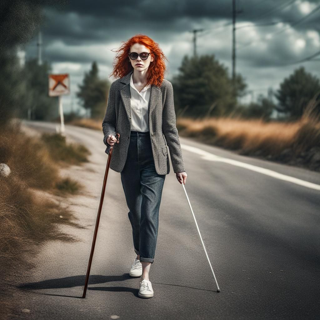 Redhead Blind Woman Walking with Cane, Hyperrealistic