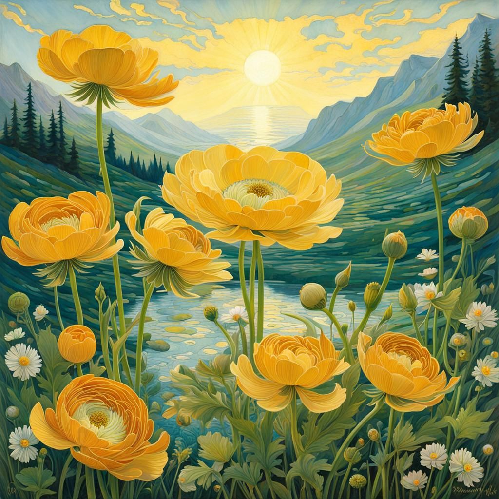Luminous Crowfoot Lake Scene in Klimt Style