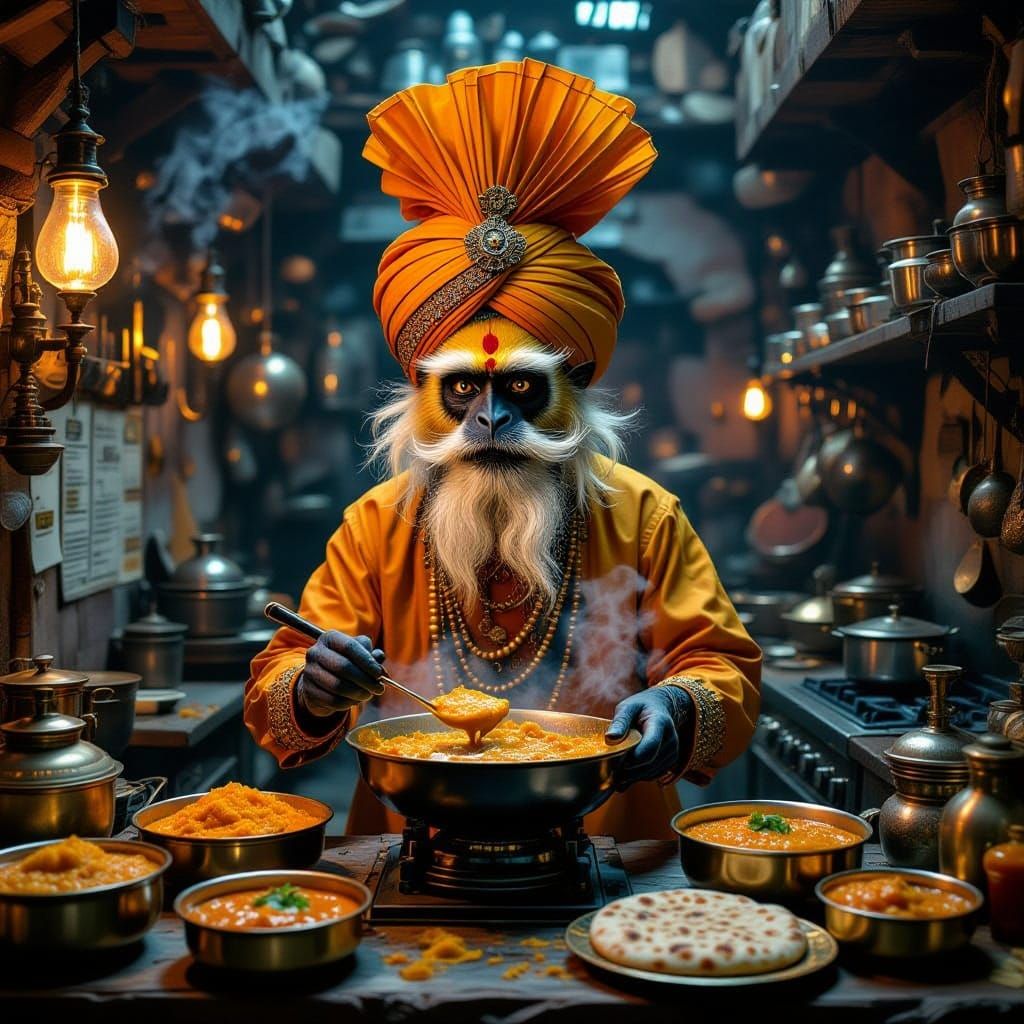 Indian Golden Langur Chef in Steampunk Kitchen