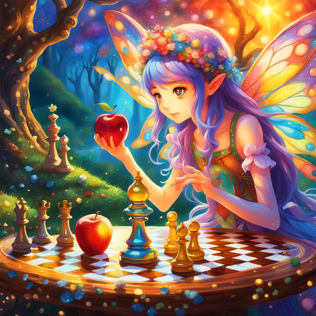 Anime Fairy Finds Chess Piece in Oil Fantasy