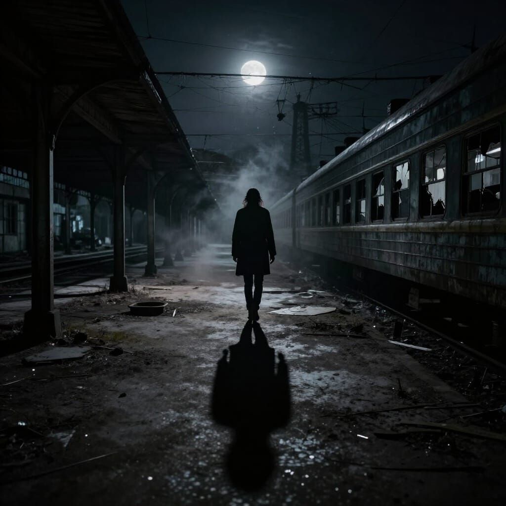 Eerie Figure in Abandoned Train Station at Twilight