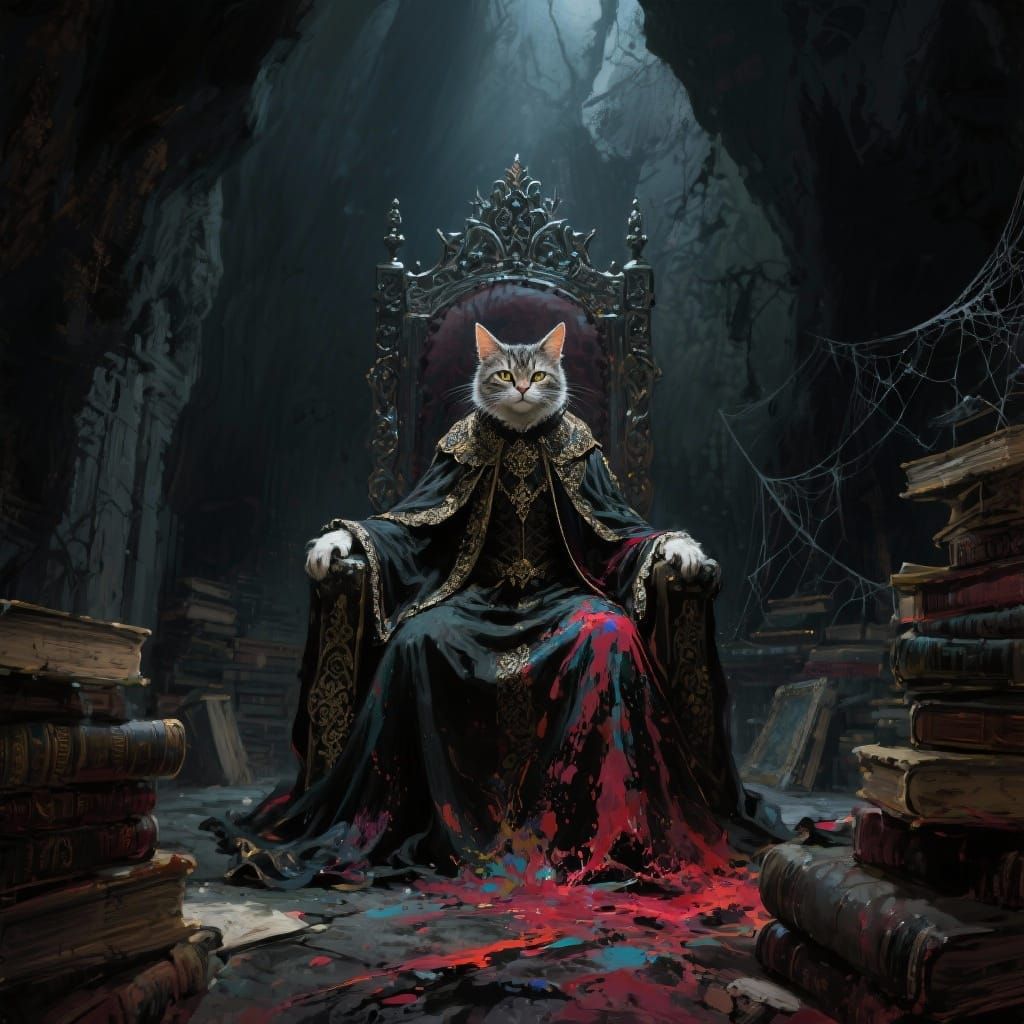 Regal Cat Enthroned in Gothic Chamber as Splash Art