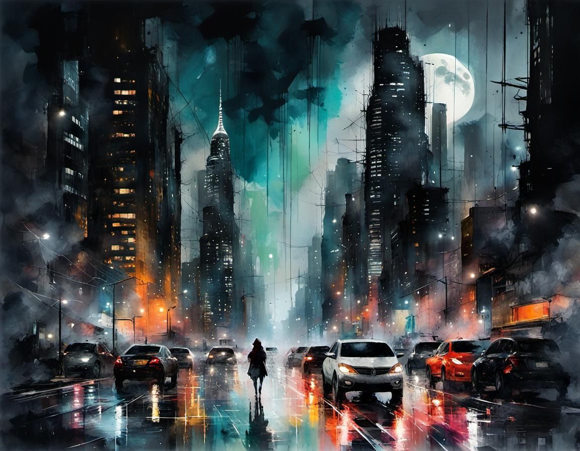 Night Metropolis Thunderstorm: Watercolor Mixed-Media Master...