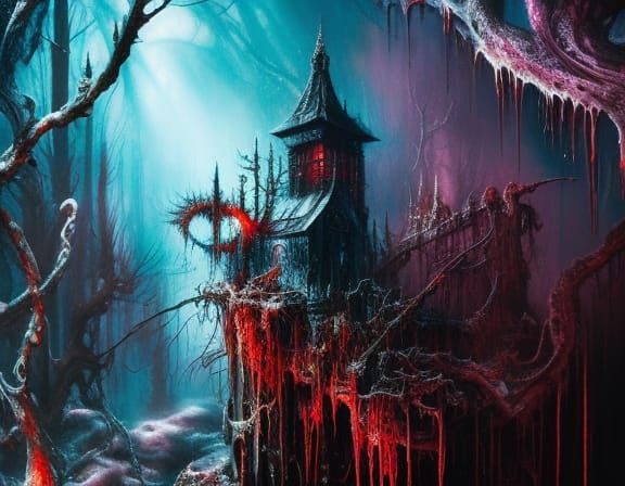 Cute Bloody Poltergeist in Viking Forest, Oil Painting