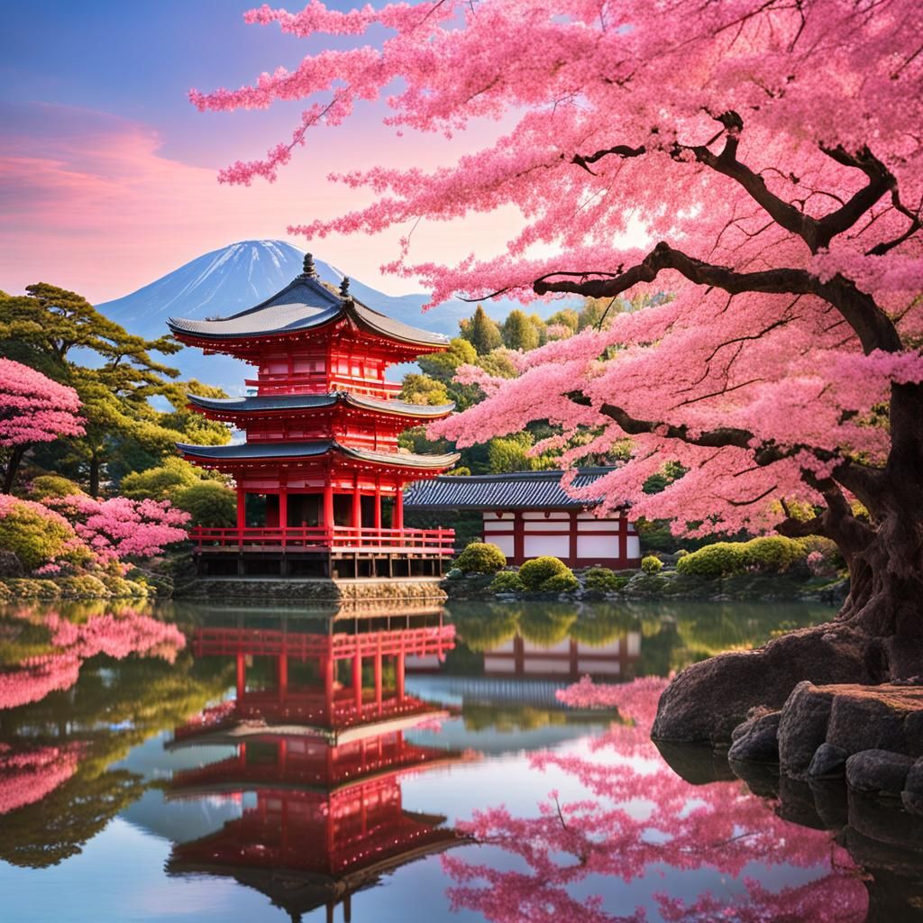 Sakura Tree in Bloom Beside Serene Pond