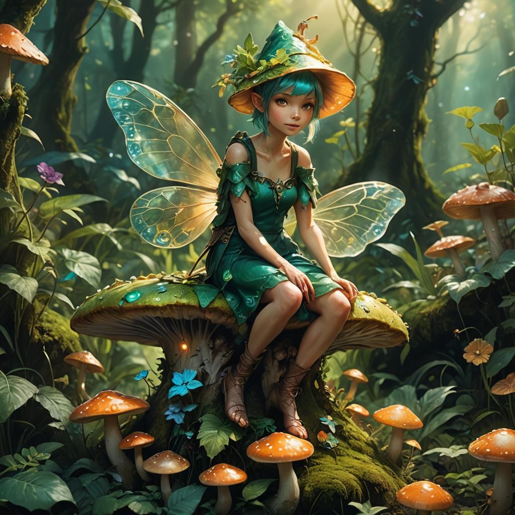 Topaz Pixie on Toadstool: Fantasy Concept Art