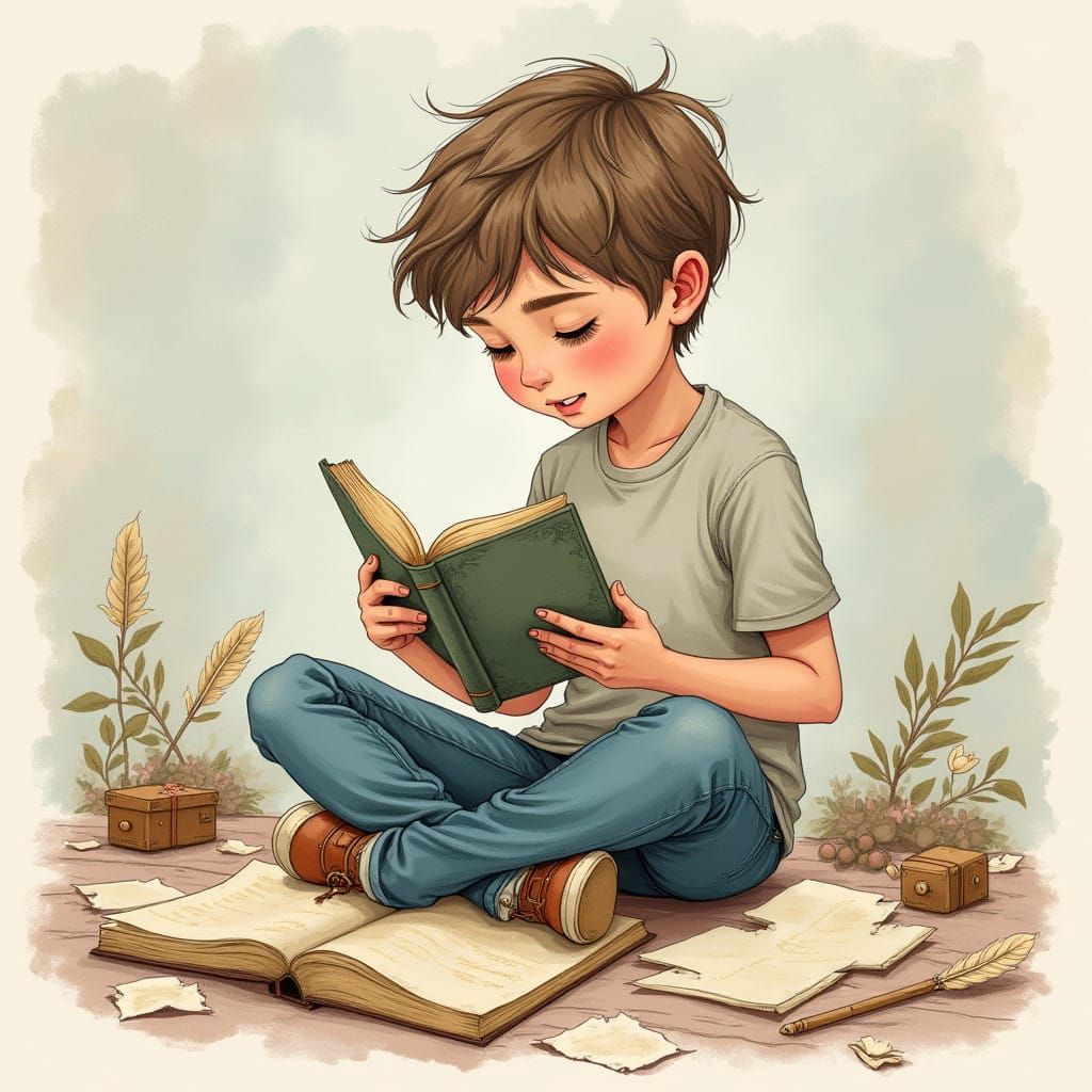 Whimsical Teenage Reader in Vintage Library Setting