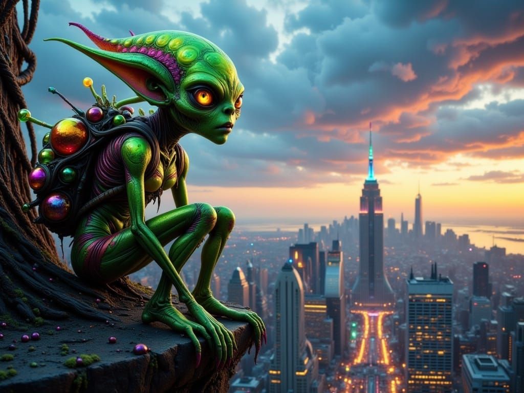 Gothic Space Goblin in a NeoFlux Cityscape