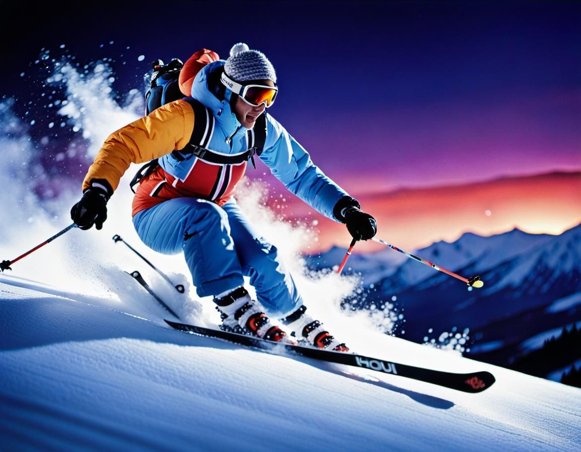 Dynamic Skiing Scene Under Moonlight in Digital Art