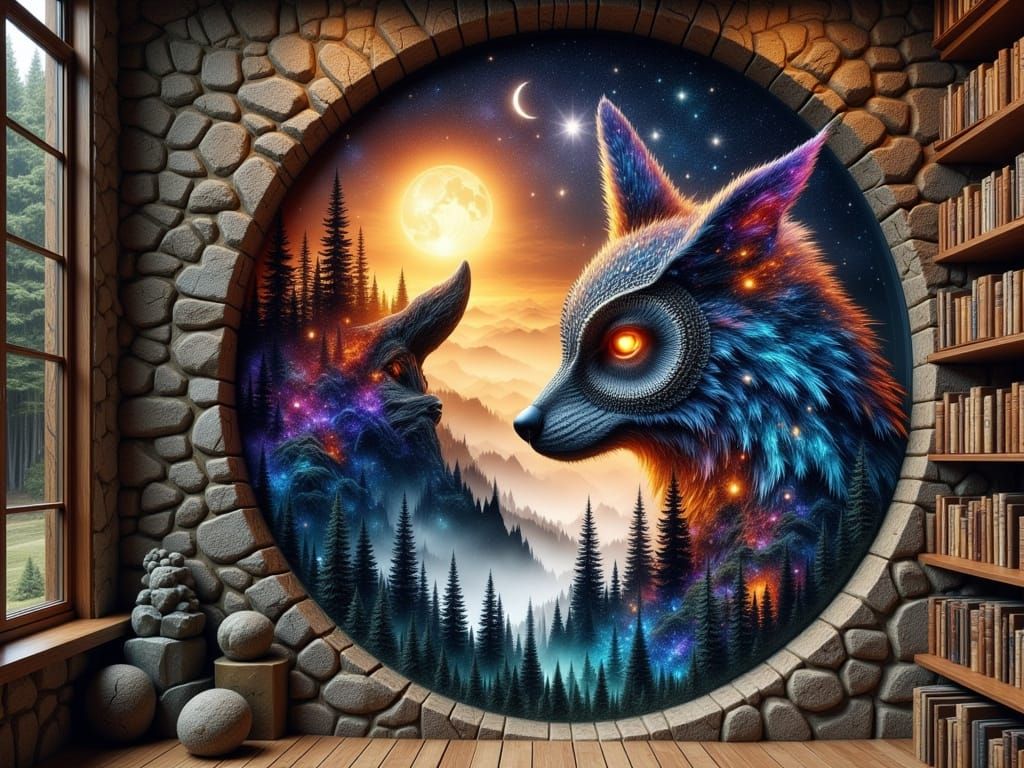 Symbolic Balance of Wolf and Owl in Vibrant Double Exposure