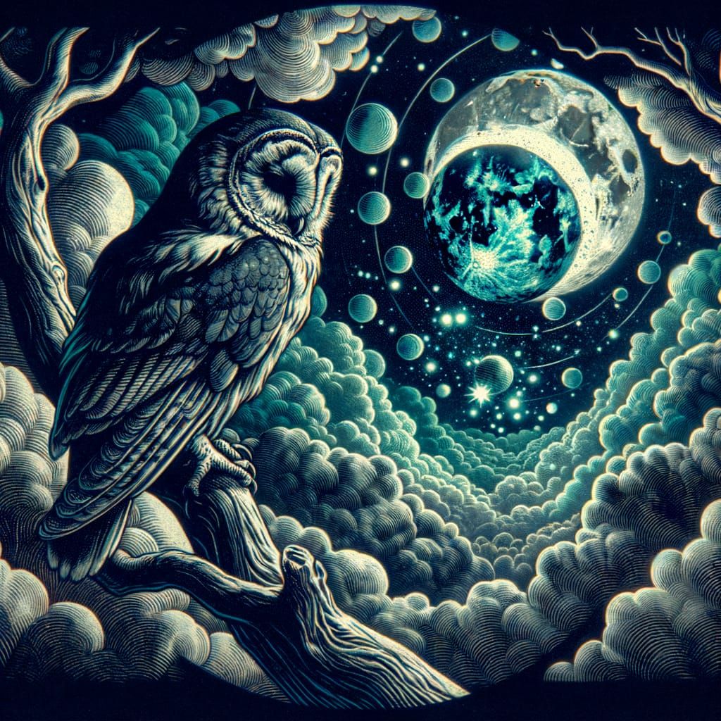 Mystical Night Sky with Owl in Medieval Woodcut Style