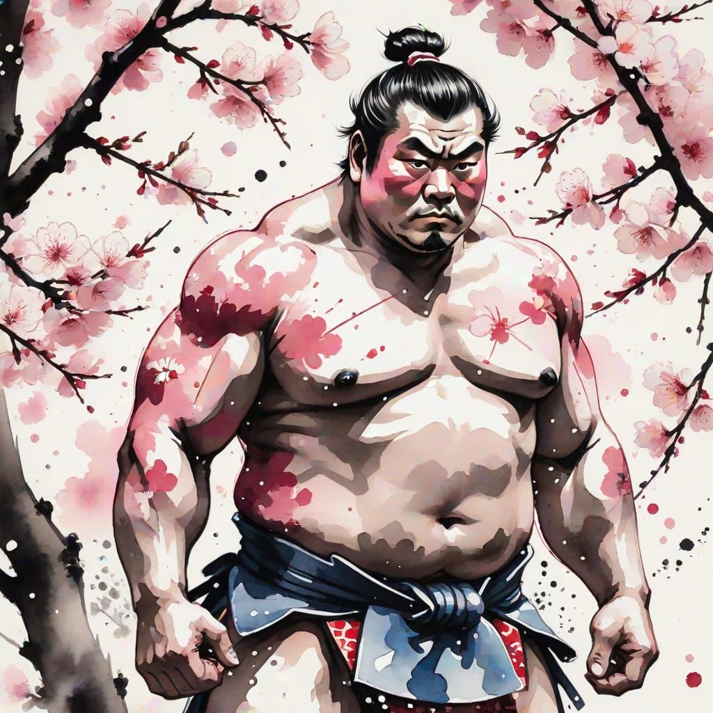 Fierce Sumo Wrestler in Sumi-e Ink Painting Style
