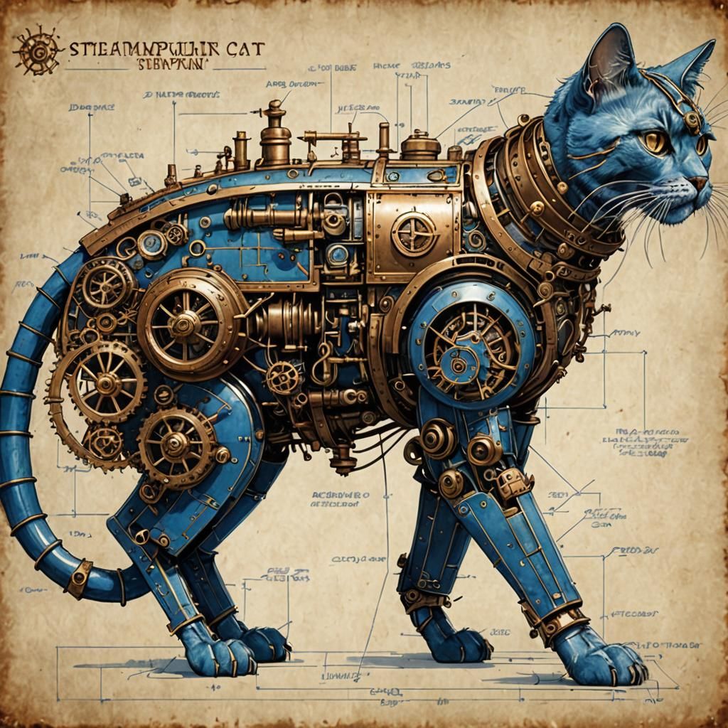 Steampunk Cat Blueprint Assembly Drawing