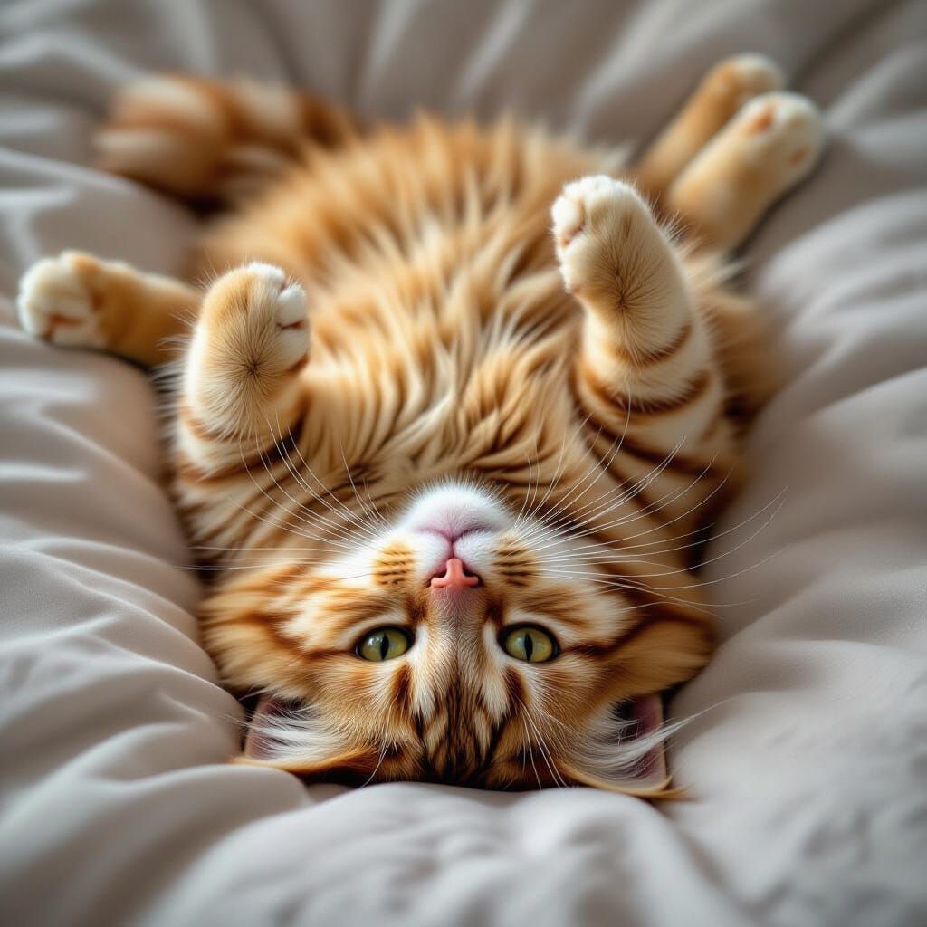 Photorealistic Orange Tabby Cat Exposing Fluffy Belly