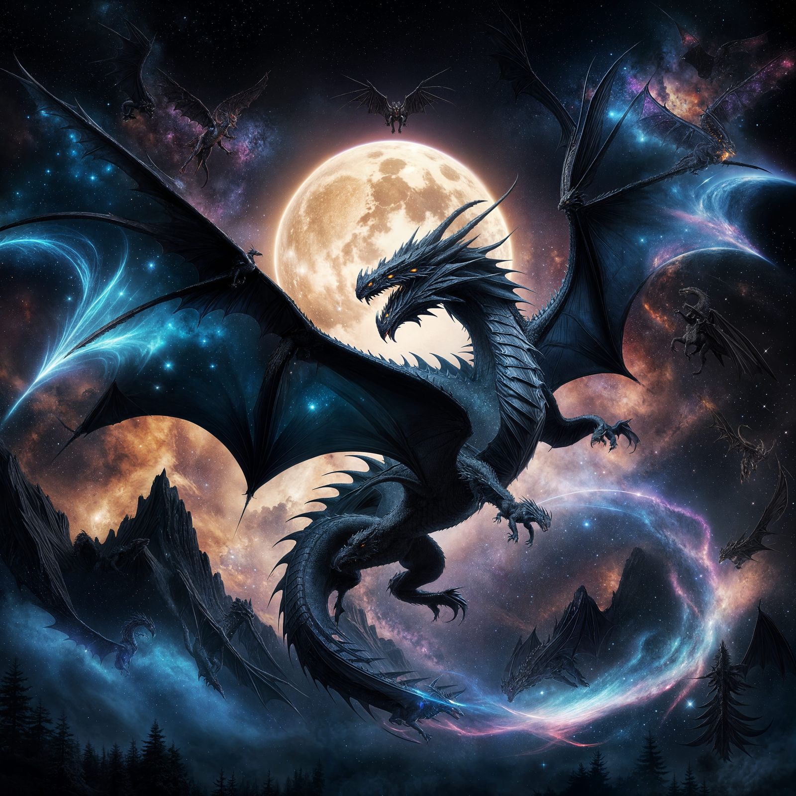 Celestial Black Dragon with Galaxy Wings