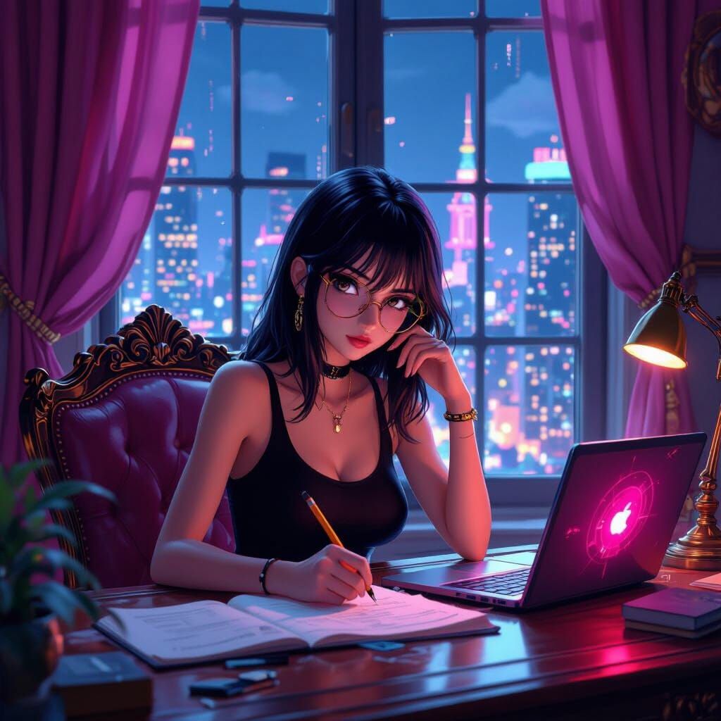 Anime Girl Studying in Neon Cityscape