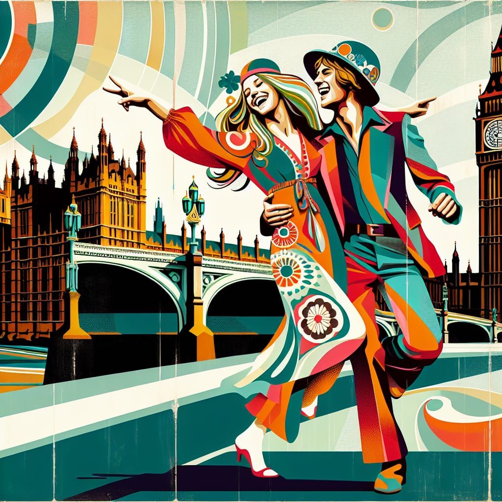 Happy Hippie Couple with Big Ben in Mid-Century Style
