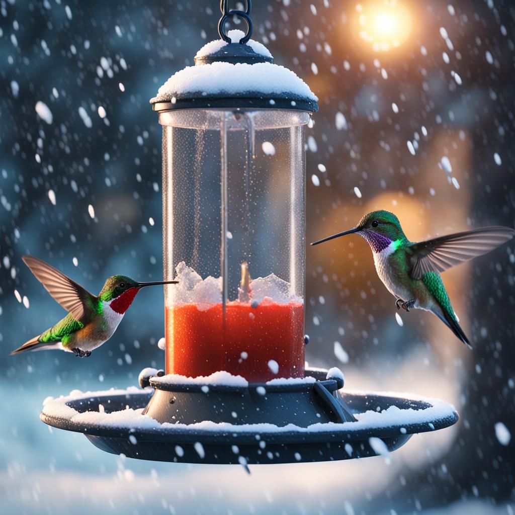 Luminescent Hummingbird in Winter Storm: Hyperrealistic Clos...