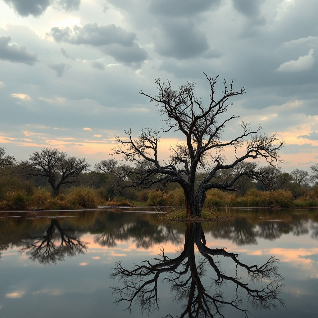 Okavango Delta Reflection: Hyperrealistic Acacia Tree