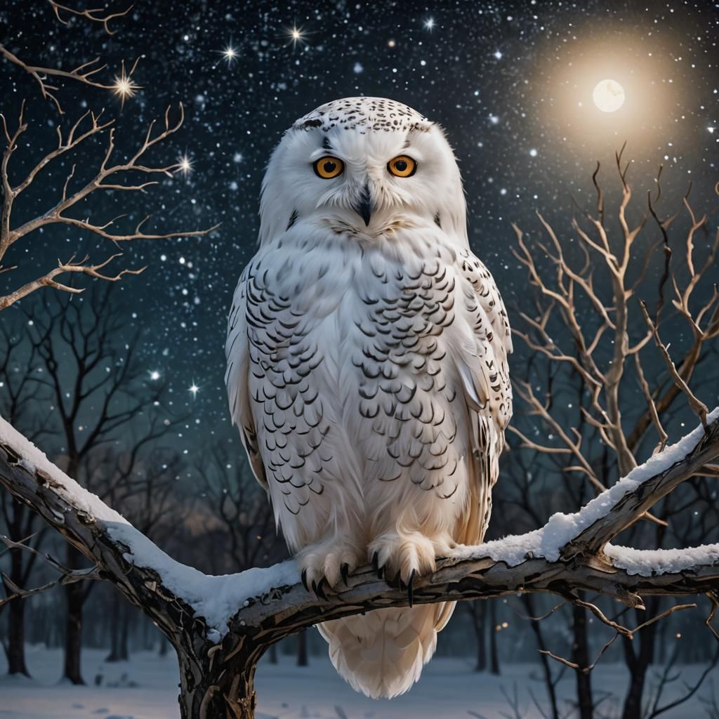 Ethereal Snowy Owl in Starry Night Sky