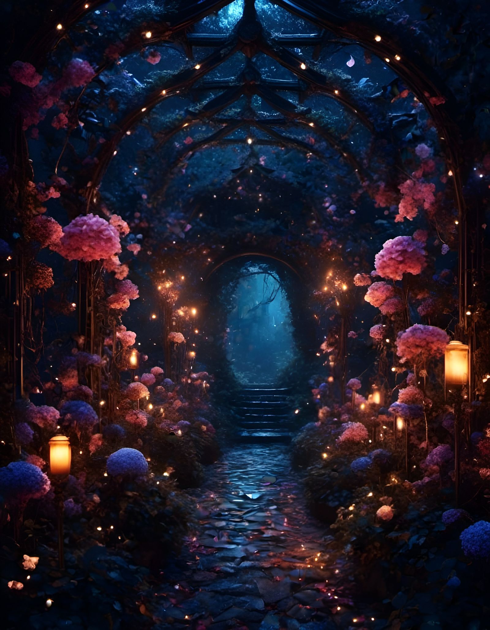 Glittery Night Garden Passage with Fairy Lights