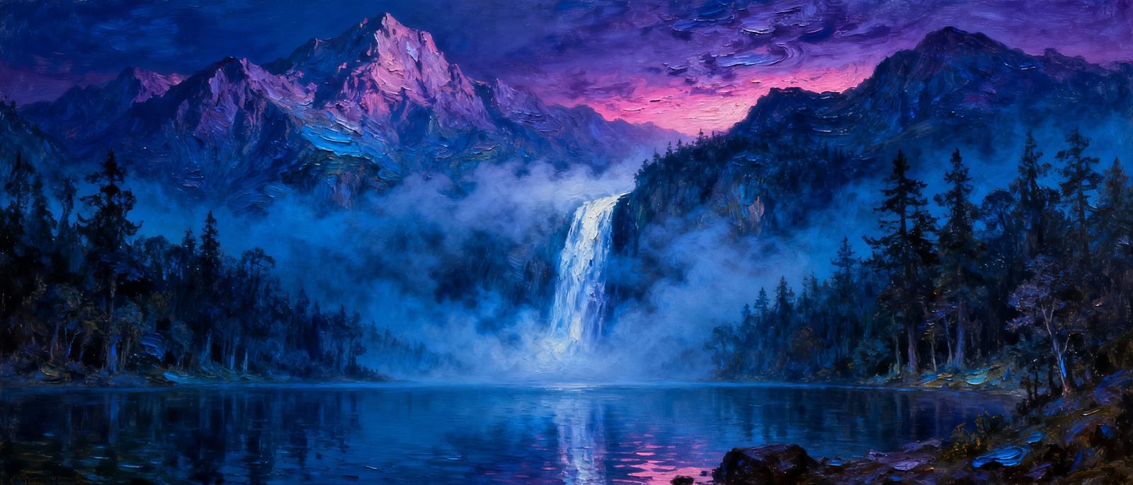 Majestic Twilight Landscape with Mountains, Lake, and Waterf...