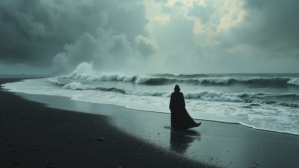 Dark Oil Painting: Black Sand and Raging Seas