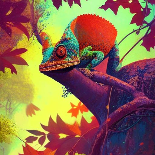 Vibrant Chameleon Portrait in Autumnal Colors