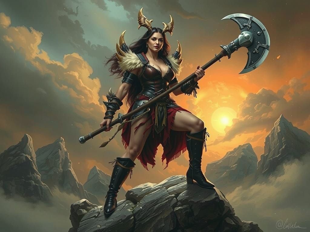 Fierce Barbarian Woman with Battle-Axe in Fantasy Art Style