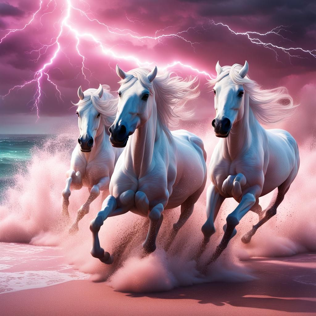 White Horses Run on Pink Beach in Fantasy Art
