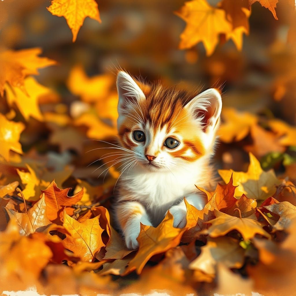Kitten Plays in Autumn Leaves: Watercolour Dreamscape