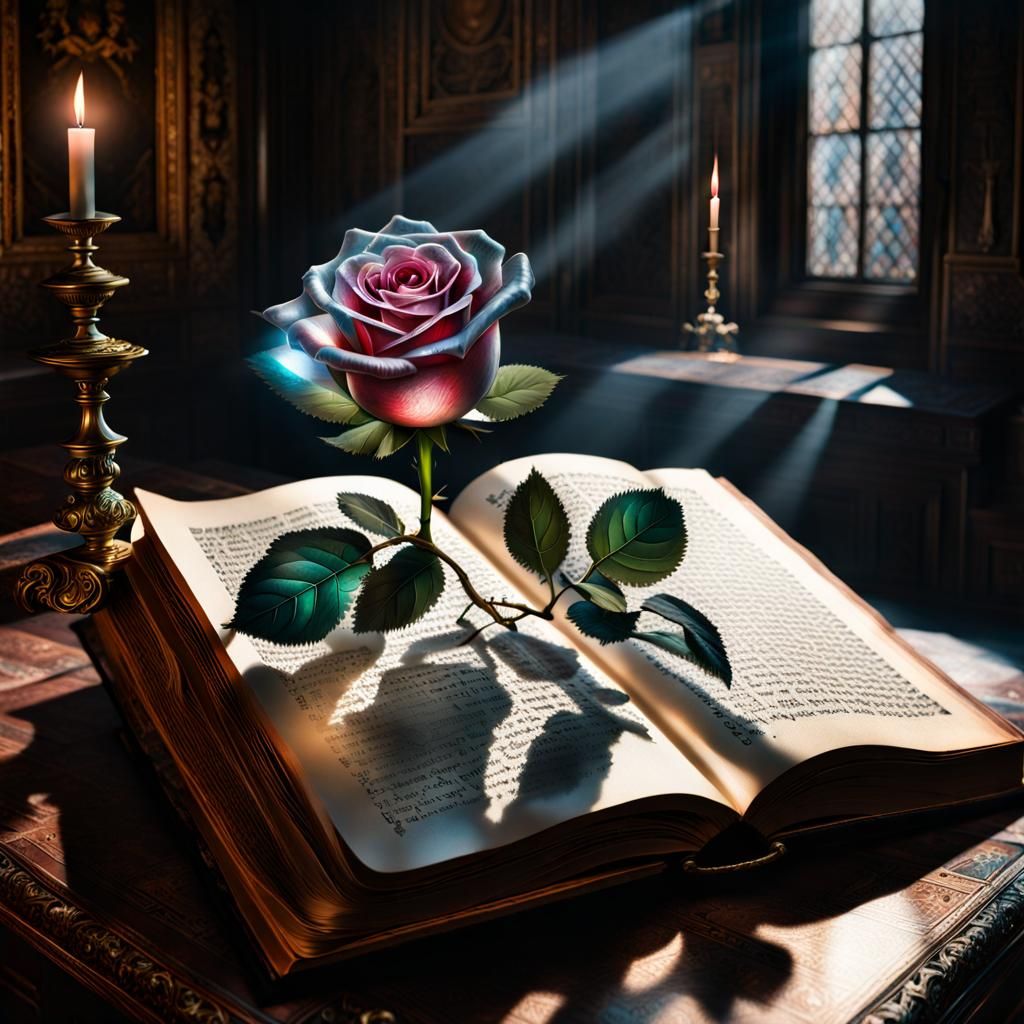 Crystal Rose Growing From Book, Hyperrealistic Art