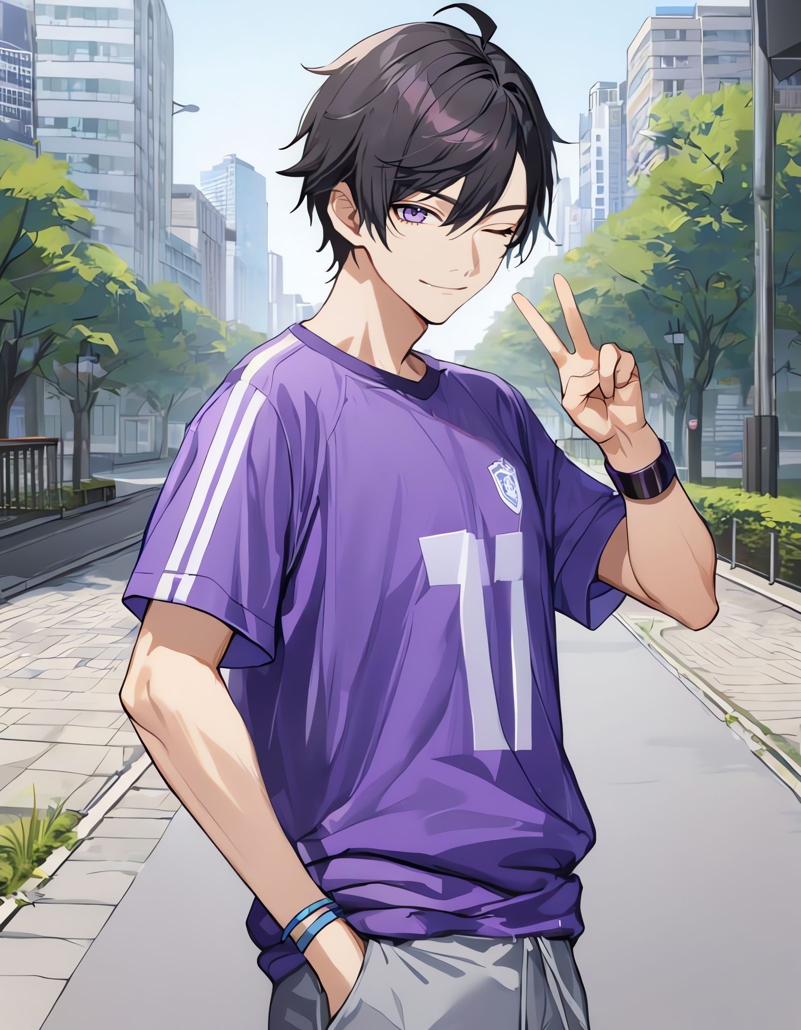 Smiling Bishounen in Soccer Jersey Walking in Park