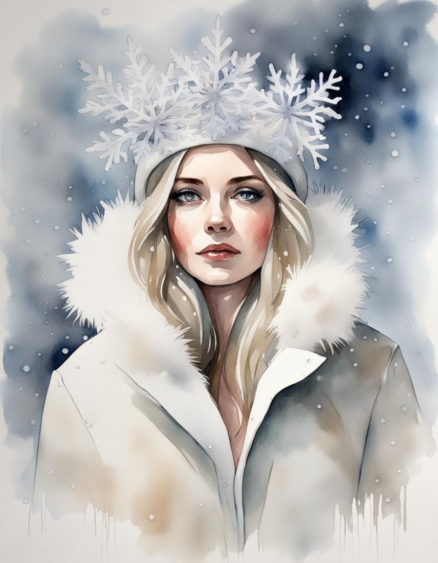 Watercolor Portrait of a Winter Queen with Snowflakes
