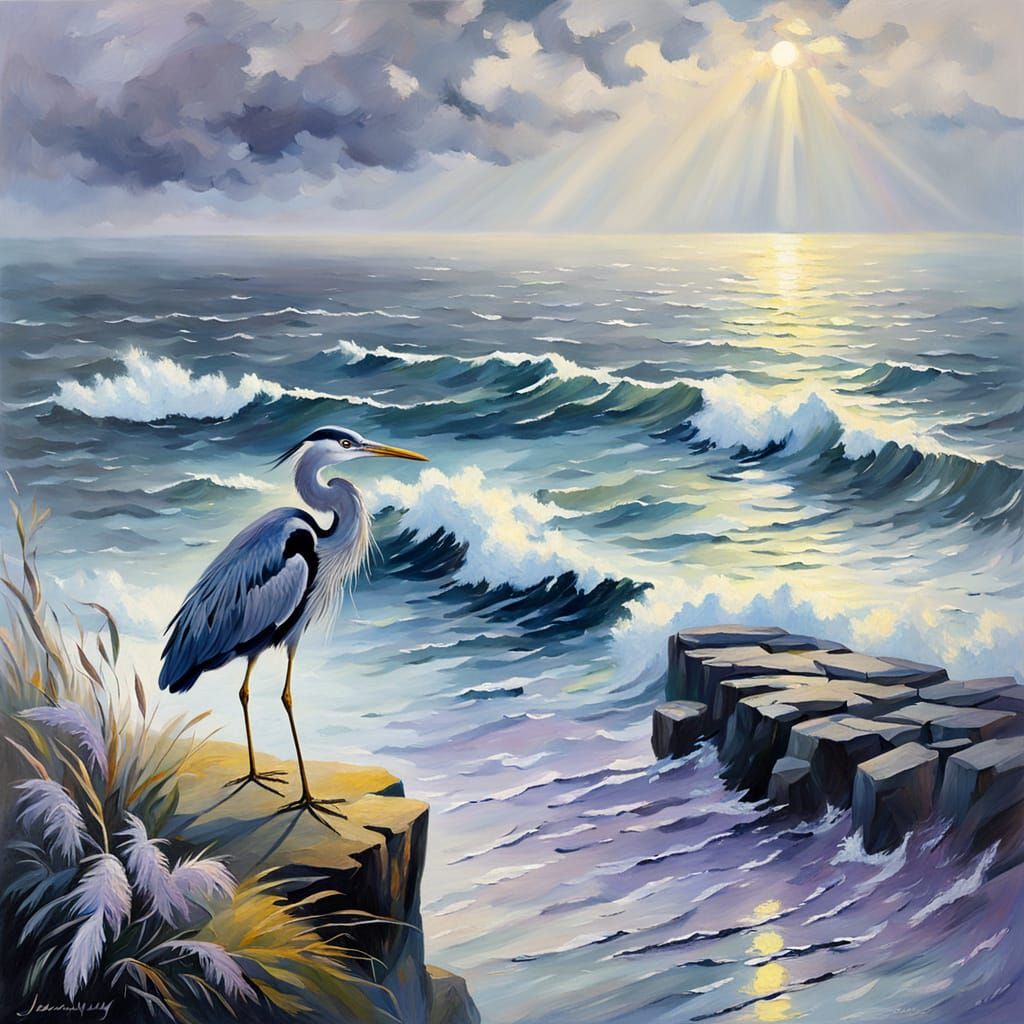 Heron at Stormy Ocean Edge: Impressionist Oil Painting