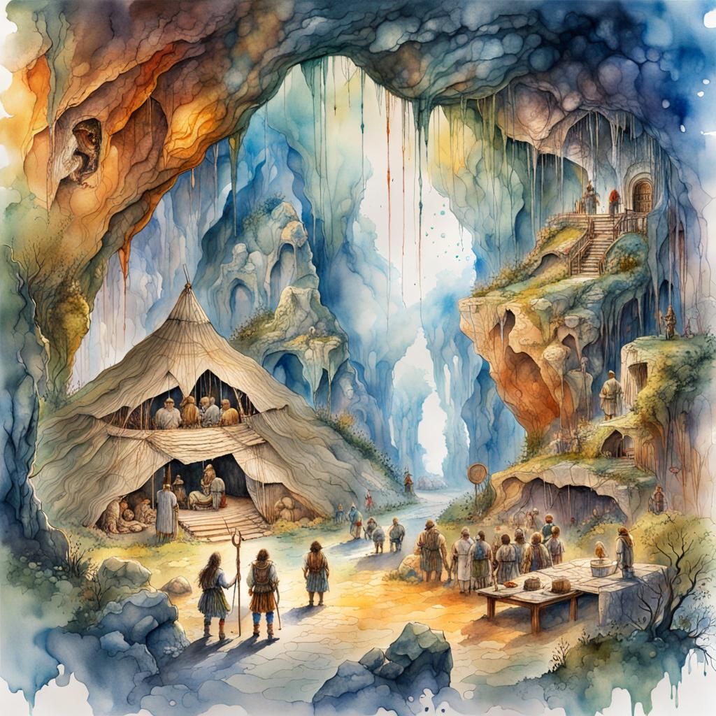 Stone Age Cave Exhibition in Watercolor Style