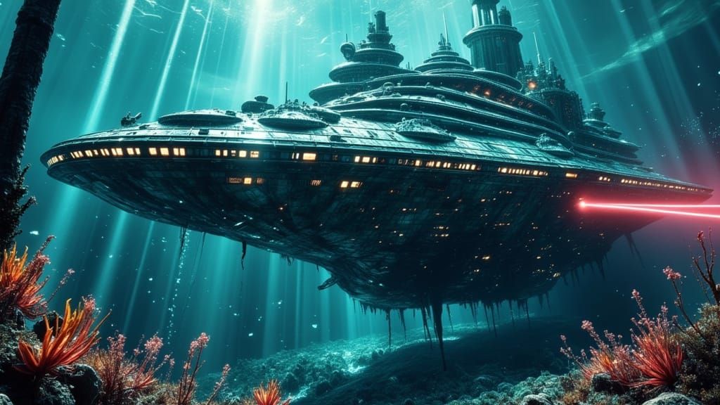 Alien Spaceship and Castle in Deep Ocean Abyss