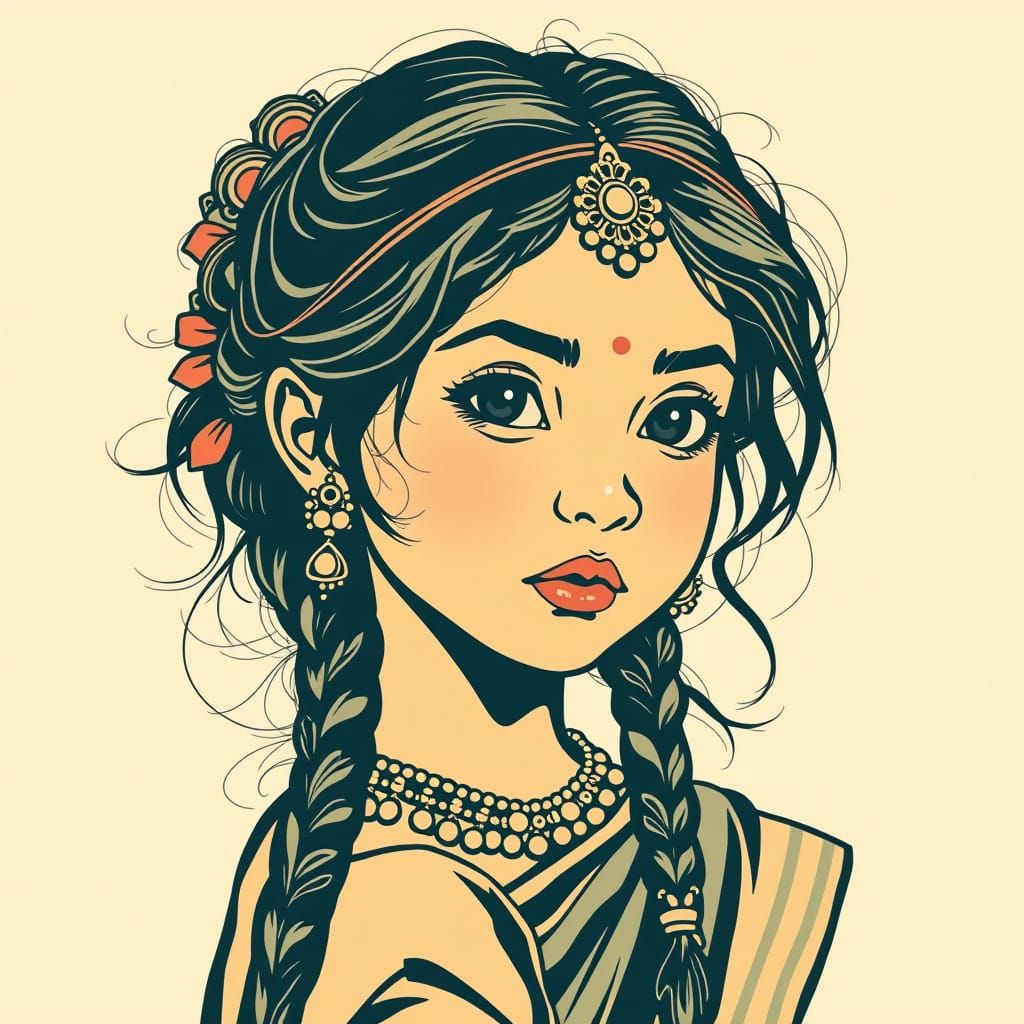 Traditional Indian Young Girl in Vintage Comic Book Style